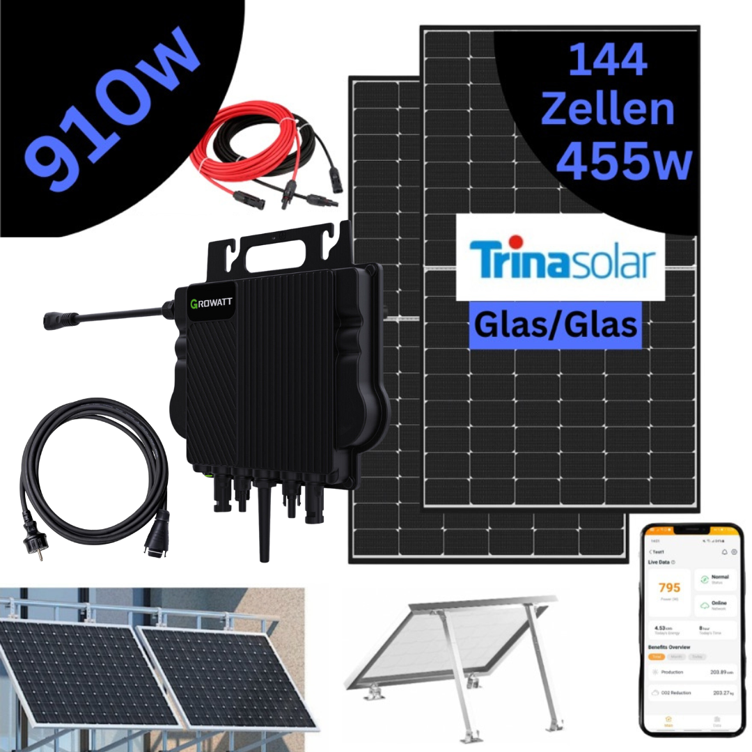 BALKONKRAFTWERK 910w 800w WiFi SOLAR ANLAGE Trina Glas/Glas 144 Zellen inkl. Halterung