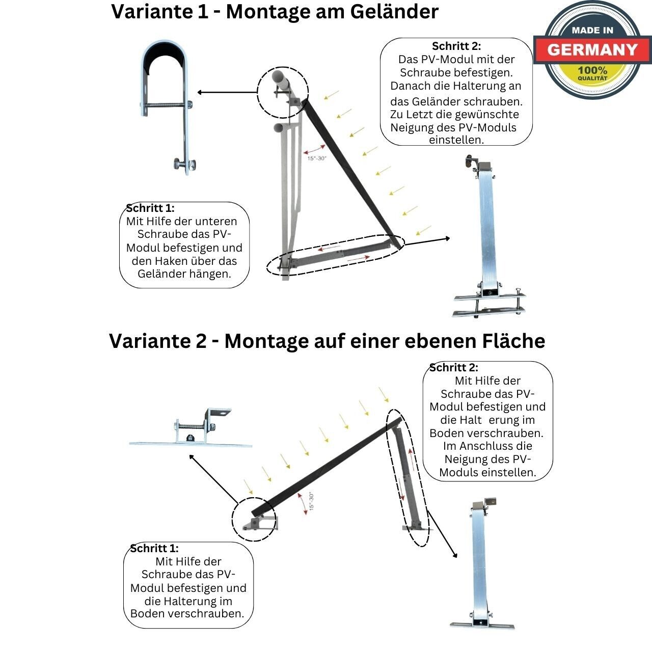 Made in Germany 4x Halterung für 2 Module Halterunf für Solarpanel Aufständerung