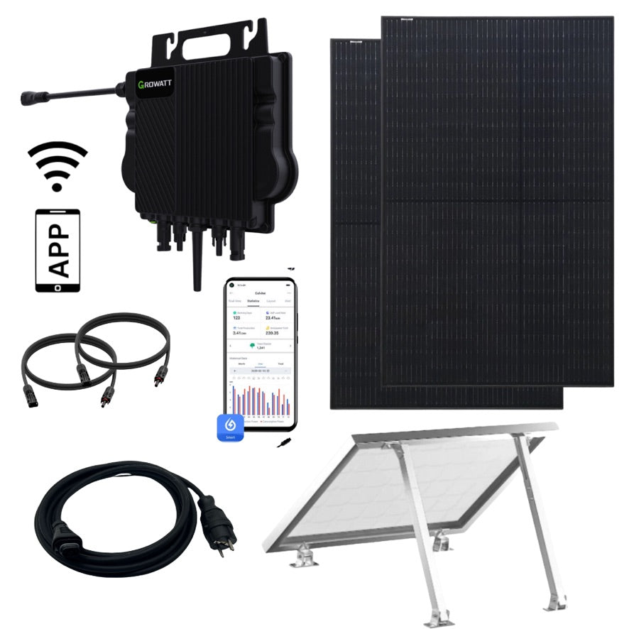 Balkonkraftwerk Growatt 800 Watt Komplettset Solaranlage mit Wifi Fullblack inkl Halter